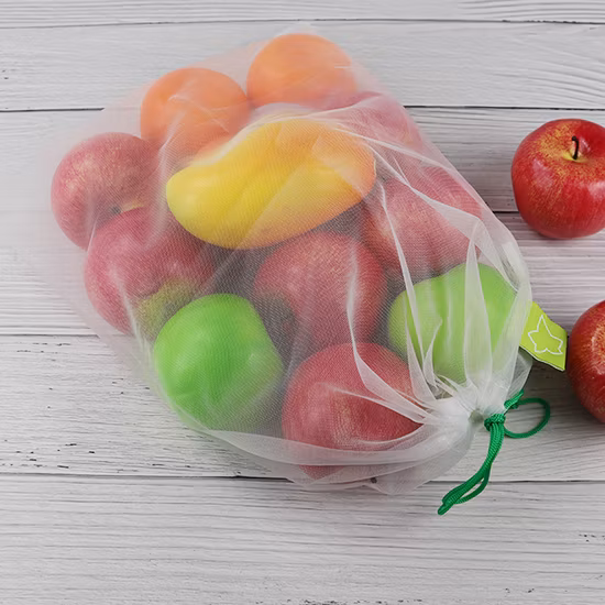 Frutas y verduras blancas personalizadas de compras que empaquetan el bolso reutilizable de la malla del cordón de RPET